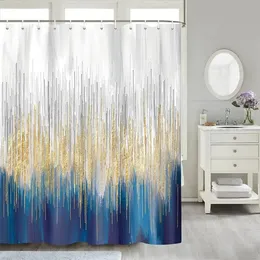 Grauer und blauer abstrakter Kunst-Duschvorhang, modernes Ombre-Design, Badezimmer-Vorhangstoff, Gold, Marineblau, mit Haken, Badvorhang 240131