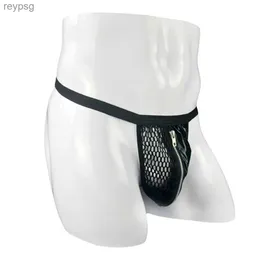 Briefs trosor herr sexiga mesh thong cross tillbaka öppen underkläder andas super mini zip-up g-sträng svart fisknät korta erotiska boxare yq240215