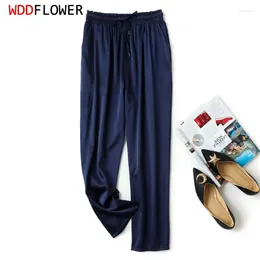 Pantaloni da donna Donna 93% Seta di gelso 7% Spandex 20 Momme Tinta unita Blu scuro Gamba affusolata Pantaloni lunghi eleganti chic con vita annodata FF029