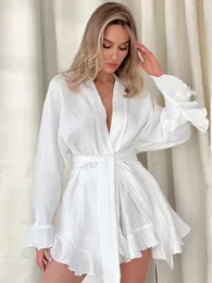 Linad ruffle Womens Nightwear White 2 Piece Set Cotton Long Sleeve Pyjamas Sashes Loose Suits With Shorts Spring Casual 240202