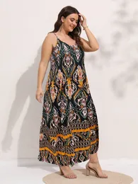 Finjani Plus حجم النساء عتيقة الطباعة فستان طويل 2023 Summer Vev Vev Neck Sleeve Aline Female Elegant Sencort Drese 240129