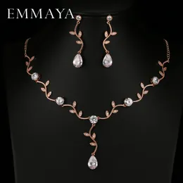 EMMAYA Rose Gold Color Zircon Crystal Bridal Jewelry Sets Leaf Shape Choker Necklace Earrings Wedding Ornament for Women 240122