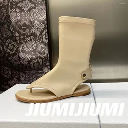 Sandálias 2024 jiumijiumi est verão artesanal couro genuíno mulher gladiador flip-flop salto plano bota feminina