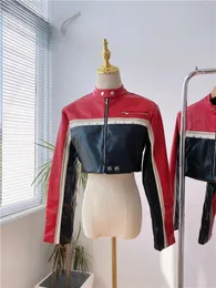 BULOCHOVA Patchwork Color Motorcycle Girls PU Leather Short Jacket Women Fashion Stand Neck Zipper Slim Thin Coat 240124