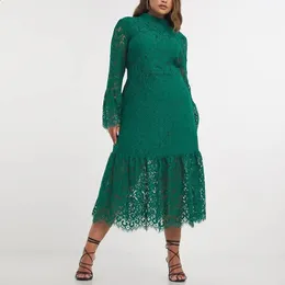 Plus Size Green Long Sleeve Midi Dress 2024 Elegant Casual Sexy Lace Dresses 5xl 240202