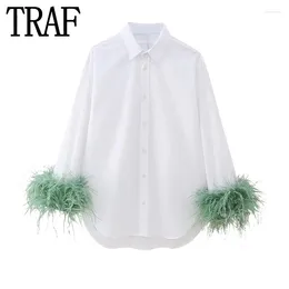 Women's Blouses TRAF 2024 Feather White Shirt Women Collared Button Up Asymmetrical Elegant Chic Woman Top Party Long Sleeve Blouse
