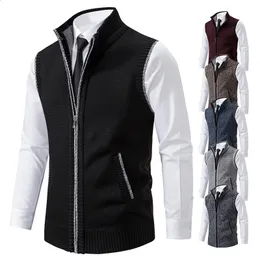 Vest Men's Knitted Sleeveless Sweater Wool Velvet Zipper Cardigan Turndown Pullovers Turtleneck Sweatercoat Knit Waistcoat 240125