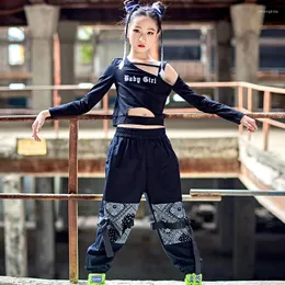 Abbigliamento da palco Festa per bambini Costumi di danza Hip Hop Top corto bianco Pantaloni larghi Hiphop Streetwear Ragazze Abiti per performance jazz DN11725