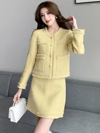 Vestidos de trabalho inverno amarelo lã duas peças conjunto feminino único breasted borlas franjas bolso tweed casaco curto mini saia terno