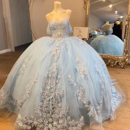 Himmelblå bollklänning quinceanera klänning från axelapplikationerna spetspärlor tull korsett vestidos 15 de xv anos