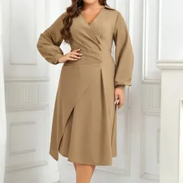 Plus Size Women Dresses Faux Wrap Ruched Long Sleeves Button Autumn Fall Sprimg Robe Turn Down Collar Solid Female Clothing 240202