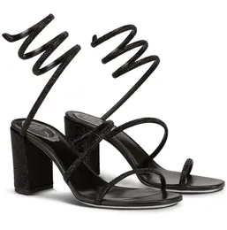 인스 뜨거운 rene caovilla cleo sandals 신발 나파 가죽 온통 온통 inestones chunky Heels 드레스 파티 매일 걷는 안락함 eu35-43