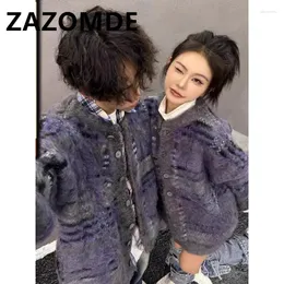 Мужские свитера ZAZOMDE, зимние винтажные уличные оверсайз, одежда Y2k, вязаный джемпер, жаккардовый модный кардиган для пар, свитер, пальто