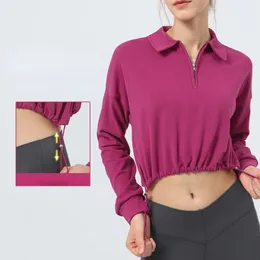 Frete grátis nova gola flip meio zíper com capuz yoga terno feminino curto cordão solto de manga comprida terno de fitness esportes topo