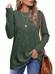 Remelon Solid Fashion Casual Knit Rib Oneck Pullover Long Sleeve Womens Tshirt 2023 Autumn Elegant Mortila lösa kvinnors toppar 240130