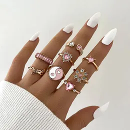 Cluster Rings Fashion Pink Crystal Heart Ring Set For Women Enamel Yin Yang Angel Open Teen Girls Unusual Jewelry Gift