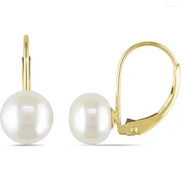 Dangle Earrings 7-7.5mm White Button Cultured Freshwater Pearl 10kt Yellow Gold Leverback