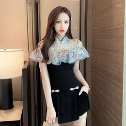 민족 의류 패션 여성 우아한 미니 드레스 중국 스타일 Qipao Tops 반바지 클럽 섹시 Bodycon 동양 세트 레이디 파티 드레스 양복