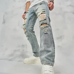 Streetwear Men Simple Loose Ripped Straight Jeans Pants Stylish Male Holes Casual Denim Trousers 240126