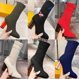 2024 Autumn Winter Socks Heeled Heel Boots Fashion Sexig stickad Elastic Boot Designer Alfabetiska kvinnor Skor Lady Letter Thick High Hools