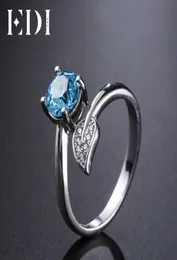Edi Natural Blue Topaz Cleate Pure 925 Srebrny pierścień dla kobiet kształt liści 6 mm okrągła biżuteria Y18927044797271