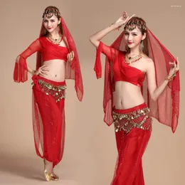 Stage Wear 2024 Sexy Belly Dance Costume Set 5 PCS (Top Pant midje Chain Veil Armband Pair) Bollywood/ Costumes Dancewear