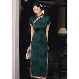 Kinesisk vintage cheongsam mörkgrön förbättrad retro republikansk elegant smal lång klänning qipao traditionella kläder för kvinnor 240131