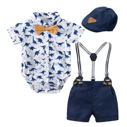 Baby pojke kläder med baskerfödd 0 3 månader sommar dinosaurie tryck jumpsuit hängdisk bomullshorts barn outfit 240127