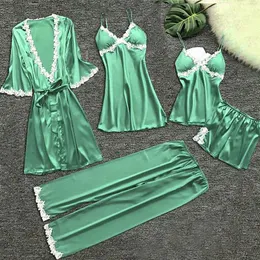 5PC Pajama Set Women Lace Trim Satin Sleepwear Pyjamas Femme Nightwear Pijama Elegant Home Wear Kimono Robe Gown Nighties 240201