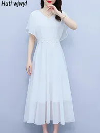 Casual Dresses Summer White Chiffon Elegant Party Long Dress 2024 Svart Butterfly Sleeve Beach Women Bodycon Chic Prom Night
