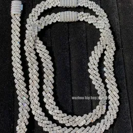 Custom Bling Hot Hiphop Chain 18mm Width Box Clasp S925 Silver 2 Rows Fine Baguette Cut Moissanite Cuban Chain Necklace for Men