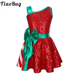 Girl Dresses Kids Girls Sequins Christmas Costume Xmas Year Santa Clause Cosplay Sleeveless Stripe Bow Tutu Dress Performance Dancewear