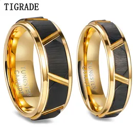 Tigrade 6mm/8mm Mens Tungsten Rings Groove Beveled Edge Pattern Brushed Black Gold Color Wedding Bands Engagement Ring 240129