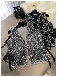 Moda feminina nova industrial glitter lantejoulas colete solto rendas manga curta 100 peças combinando camisa pequeno cardigan topo 240216