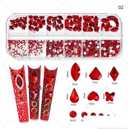 Tırnak Sanat Dekorasyonları Kırmızı 12 Gird Kutu Karışımı Boyut AB/Colorf Rhinestones Düz Backback Crystal Diamond Gems 3D Glitter Lüks R01 Drop Delive OTPSC