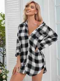 Women's Sleepwear Black&white Plaid Shirt Sexy for Women Night Dress Long Sleeve Pamas Lady Warm Autumn Fall Fashion Home Sleepdress