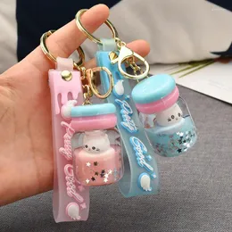 Keychains Cute Bubble Tea Cat Keychain Creative Milk Teacup Liquid Crystal Quicksand Sequins Acrylic Women Bag Pendant