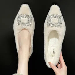 Winter Fur Flats Shoes Woman Luxury Crystal Pointed Toe Slip on Ladies Flat Shoes Female Sexy Boat Shoes Mocasines Designer 240123