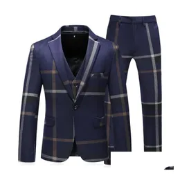Męskie garnitury Blazers Big Plad Check Suit Men Business Kostium Homme Sur Mesure Groom Tuxedo Slim Fit Smoking Uomo 5xl8737013 Dro Oteyz