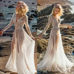 Boho A Line Wedding Dresses Sequended See Through V Neck Neck Long Sleeve Robe de Soiree Bridal Gowns Beach Bride Dress