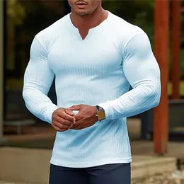 Camiseta masculina cor sólida com nervuras manga longa camisa base outono inverno bottoming roupas para uso diário 240130
