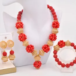 Halskette Ohrringe Set Mode Ball Perlen afrikanischen Schmuck rote Koralle nigerianischen Braut für Frauen