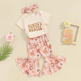 Giyim setleri teyzeler yani bebek kıyafetleri kız teyze mektup romper gömlek çiçek parlama pantolonları kafa bandı 3pcs kıyafeti