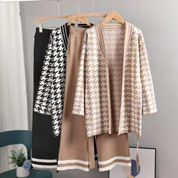 Women's T Shirts Oversized Houndstooth Knit Women Cardigan Sweater Tracksuits Autumn Winter Knitted Wide Leg Pants Suits 2/Two Pieces Set