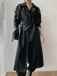 Lanmrem Pu Leather Coat for Women Lower Breaded Sleeves Long Coll Belt Coats Female Fashion Clothing 2R7740 240131