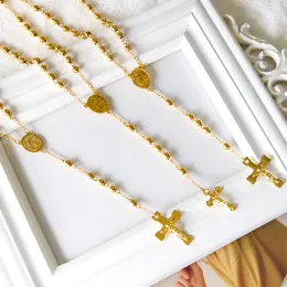Rosários católicos escapulários longos, contas masculinas, pingente cristão, colares de ouro amarelo 14k para mulheres, homens, joias, gargantilhas