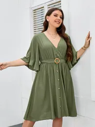 Plus size vestido de verão para mulheres envoltório v pescoço plissado manga blusa boho praia robe oring cordão cinto volta corte gravata pano 240202