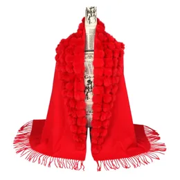 Marca de luxo cachecol feminino inverno grosso genuíno pele de coelho pompom bola tamanho grande xales e capa de lã das mulheres caxemira pashmina 240201