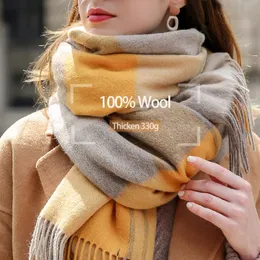 Winter 100% Real Wool Checkered Scarf Women Plaid Cashmere Scarves Lattice Large Shawl and Wraps Ladies Warm Echarpe Pashmina 240201