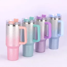 40oz Trendy Rainbow Glitter Gradient Mugs Insulated Tumbler With Handle Straw Glittery Shimmering Holographic Travel Tumbler 240130